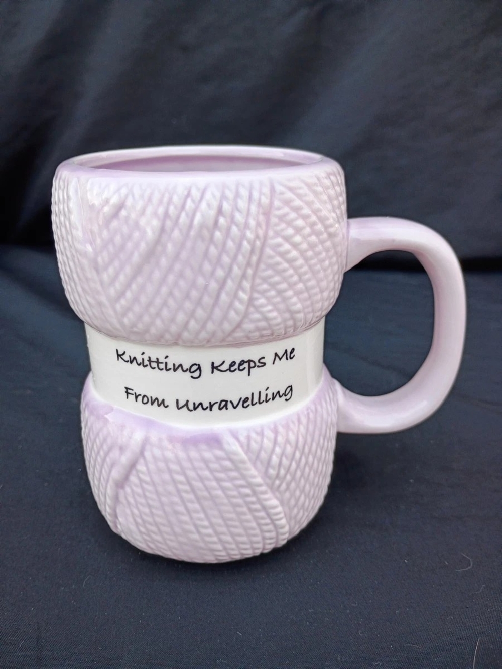 Lavender 'Knitting Keeps Me From Unravelling' Ceramic Mug
